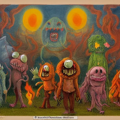 Image similar to repressed emotional monsters and creatures starting a fiery revolution in the psyche, in the style of Johfra and Shaun Tan