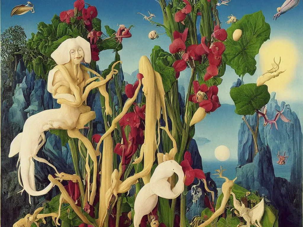 Image similar to Portrait of albino mystic with blue eyes, with exotic beautiful orchid mantis. Landscape with iceberg. Painting by Jan van Eyck, Audubon, Rene Magritte, Agnes Pelton, Max Ernst, Walton Ford