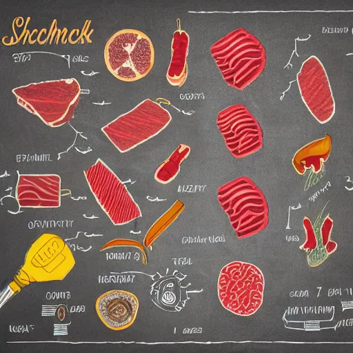 Prompt: detailed schematic of steak on paper