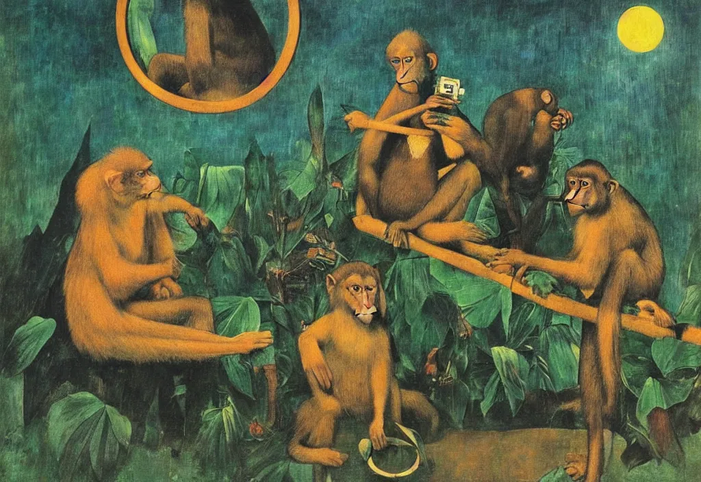 Prompt: the monkey condition : reflections, musings, hypotheses with the philosopher ourangoutauer. painting by max ernst, gauguin, jan van eyck, rene magritte, henri rousseau