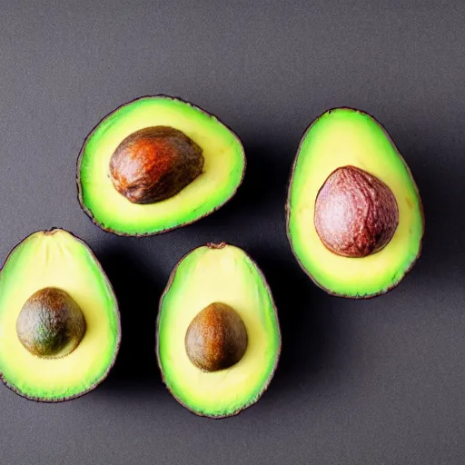 Prompt: four avocados in a row, studio photography, professional photograph, white background, studio lighting