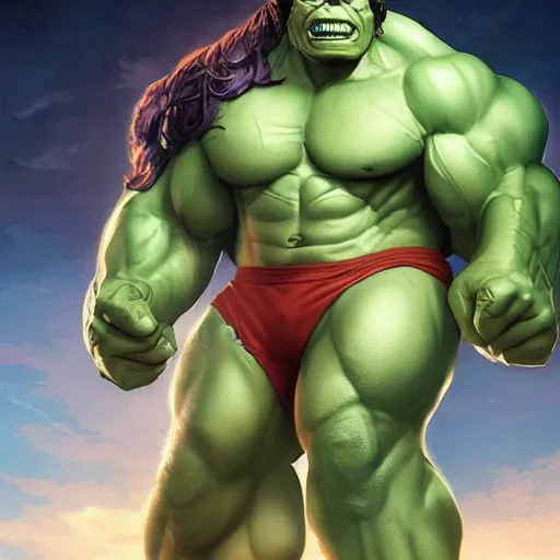 Image similar to characters portrait of Hulk mixed with Darkseid by ArtGerm and Tom Bagshaw, merged character, Full body shot, cinematic opening shot, 4k, highly detailed, cinematic lighting