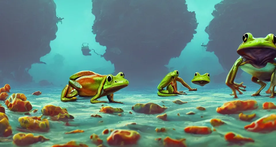 Prompt: hyper realistic cute frogs everywhere are swimming under vast sea, by simon stalenhag,, high fantasy, cgsociety, cheerful colours, full length, exquisite detail, post - processing, masterpiece, cinematic, 4 k, 8 k