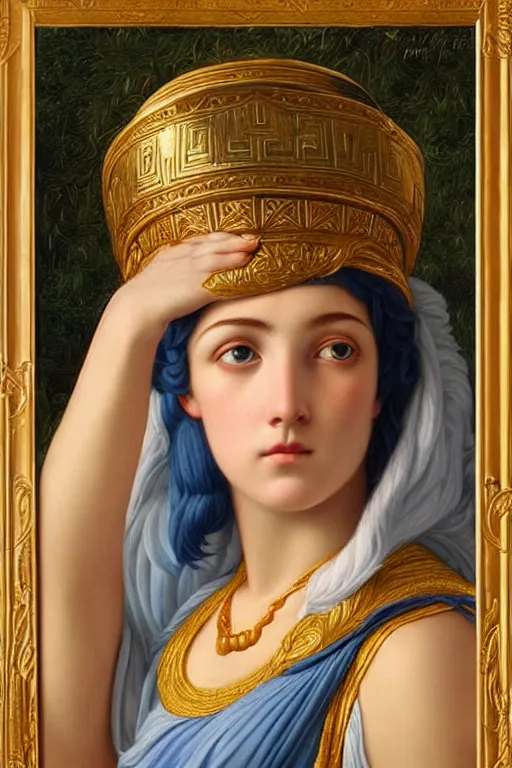 Prompt: beautiful oil painting of the goddess Athena, toga, symmetrical face, magical, Greek myth, by John William Godward and Anna Dittman, masterpiece