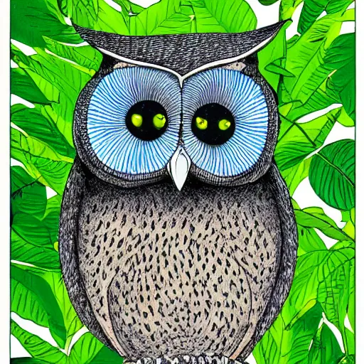 Image similar to an anthropomorphic owl in a lush forest