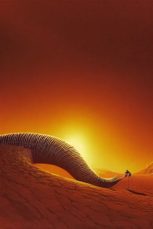 Image similar to a sandworm on arrakis by david a hardy, noriyoshi ohrai, gary ruddell, detailed, cinematic composition, trending on artstation, 4 k, concept art
