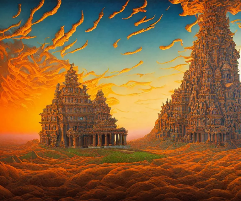 Prompt: hyper detailed 3d render like a Oil painting - ornate temple of the sun, dramatic sky in background, radiant, by Jacek Yerka, Mariusz Lewandowski, Houdini algorithmic generative render, Abstract brush strokes, Masterpiece, Edward Hopper and James Gilleard, Zdzislaw Beksinski, Mark Ryden, Wolfgang Lettl, hints of Yayoi Kasuma, octane render, 8k