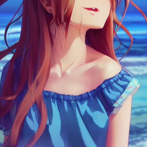 Image similar to a very beautiful anime girl, full body, long golden hair, sky blue eyes, full round face, short smile, short jeans, cute top, beach setting, cinematic lighting, medium shot, mid-shot, highly detailed, trending on Artstation, Unreal Engine 4k, cinematic wallpaper by Stanley Artgerm Lau, WLOP, Rossdraws, James Jean, Andrei Riabovitchev, Marc Simonetti, and Sakimichan