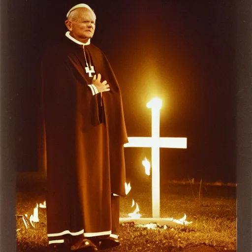 Image similar to photograph of john paul ii standing outside a small burning church with a glowing holy cross on its roof, night, black