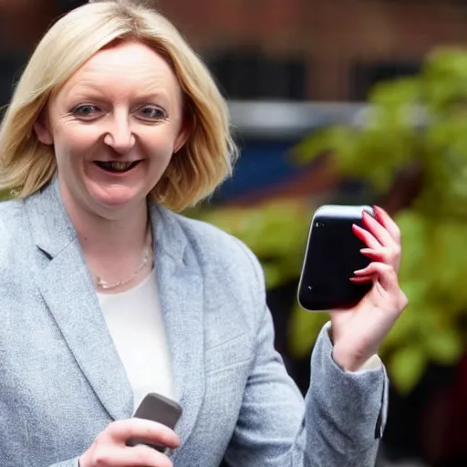 Image similar to liz truss using pork sausage as a phone