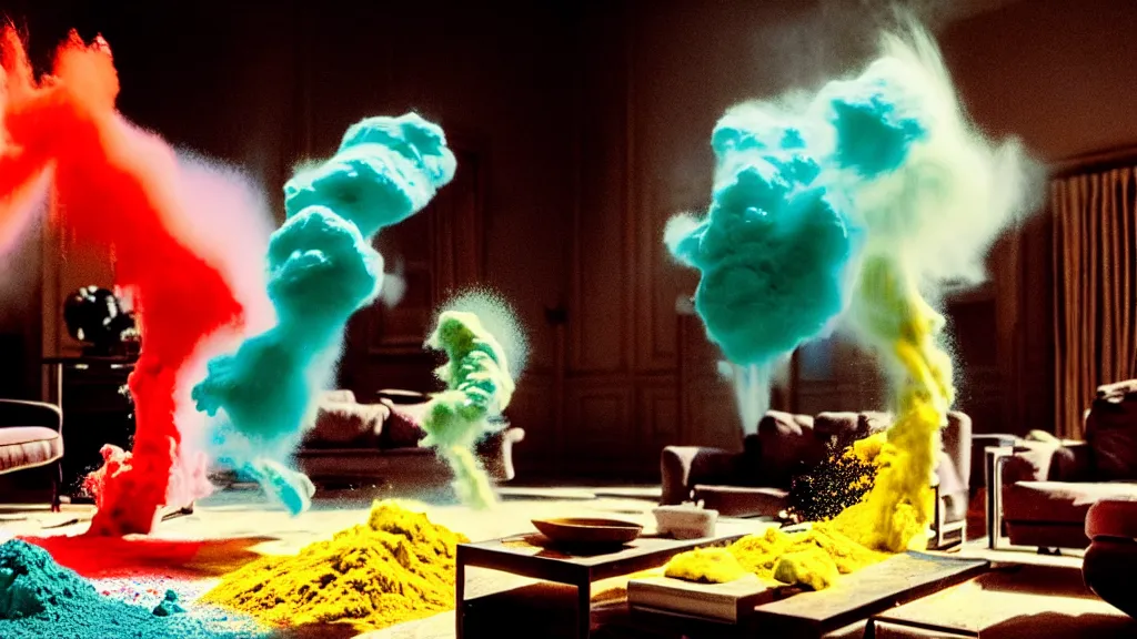 Image similar to colored powder explosion in the living room, film still from the movie directed by Denis Villeneuve with art direction by Salvador Dalí, wide lens