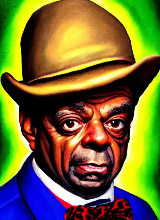 Image similar to portrait of del boy trotter, close up, high detail, radiant lighting, obscure render aesethic, magical background, gaudy colors, painting