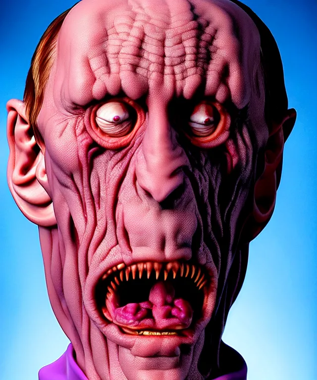 Prompt: hyperrealistic rendering, cronenberg flesh monster vladimir putin by art of skinner and richard corben and jeff easley, product photography, action figure, sofubi, studio lighting, colored gels