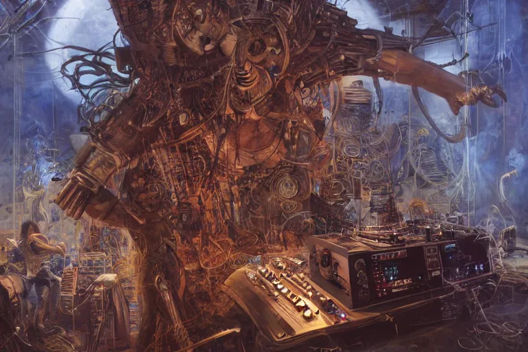 Prompt: a dynamic photo of a post apocalyptic tribal cyborg dj tweaking and playing synthesizers in the most complicated and technical spiral fractal musical studio, powerful, cinematic, beautifully lit, by donato giancola, by artgerm, by karol bak, 3 d, perfect face and body, trending on artstation, octane render, 8 k