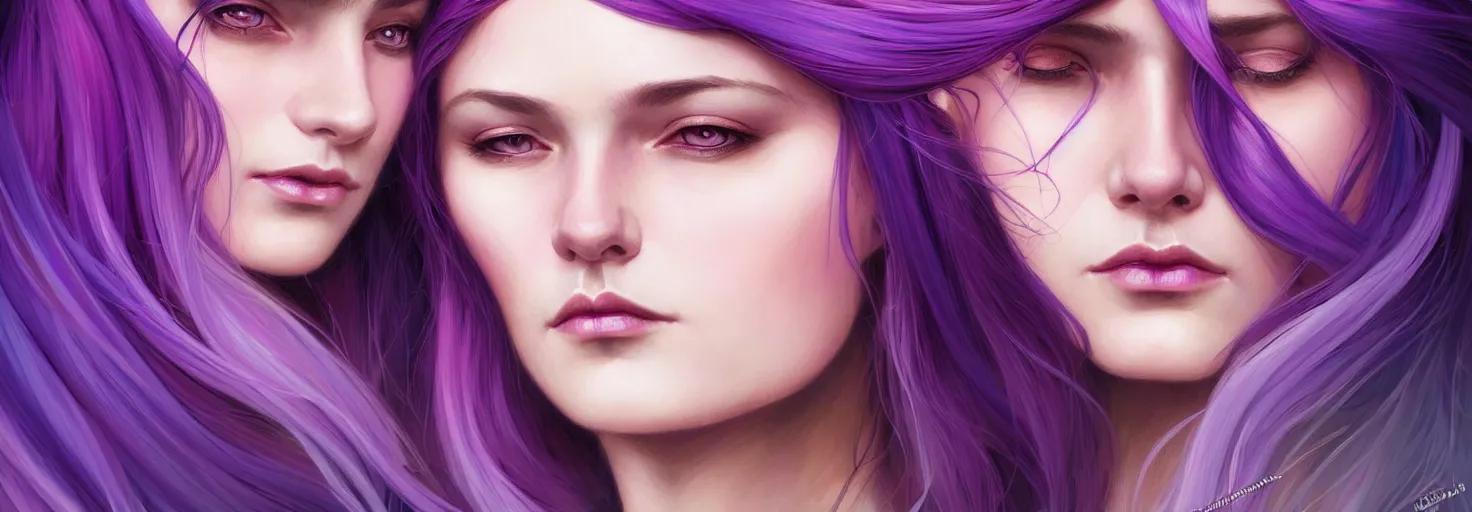 Image similar to Portrait of a woman with bright colored flying hair, all shades of purple. Hair coloring, amber eyes, face, long hair, fantasy, intricate, elegant, highly detailed, digital painting, artstation, concept art, smooth, sharp focus, illustration, art by artgerm and greg rutkowski and alphonse mucha