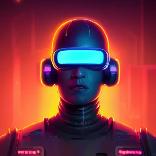 Prompt: cyberpunk concept cool character warrior bot, cinema 4 d, galaxy, ufo, space sci - fi, wearing vr goggles, illustration, portrait, pastel neon textured background night, trending on artstation, greg rutkowski, octane rendered, 1 2 k, detailed,