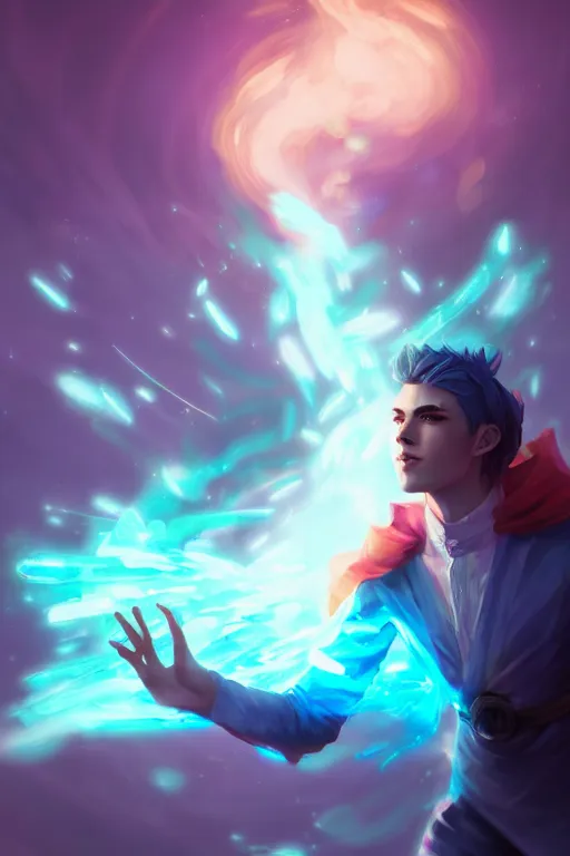 Image similar to a human elemental sorcerer, blurred environment background, colorful magic effects, white skin, portrait, male, clothed, sharp focus, digital art, concept art, trending on artstation, dynamic lighting, by emylie boivin and rossdraws