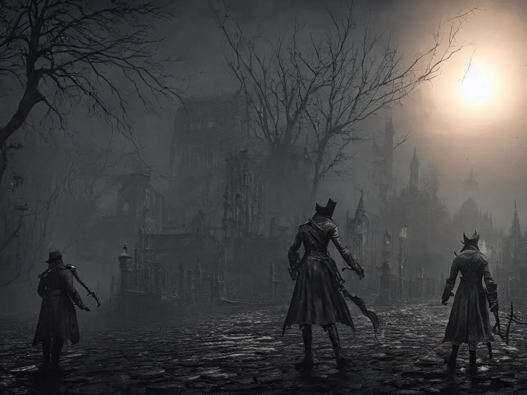 Image similar to bloodborne 2, dark, nighttime, victorian england style, horror, grotesque, serene, haunting, heavy atmosphere, claustrophobic, insanity, High Definition detail, 8K