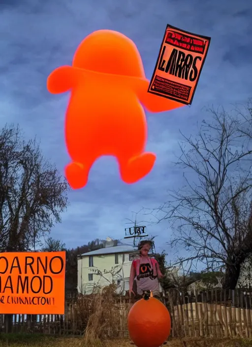 Image similar to giant orange glowing humanoid with a sign saying Daniel Aros