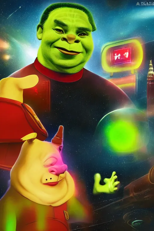 Prompt: portrait of Xi Jinping dressing up as Shrek, Xi Jinping, rule of thirds, captivating glowing lights, Star Trek setting, on interstellar space, photo realistic by Yaşar VURDEM , artstation, unreal engine, character concept art by Moebius, high quality printing