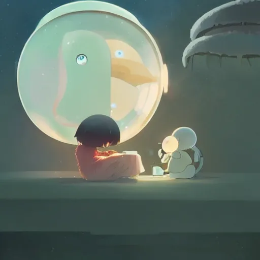 Image similar to a robot jellyfish eating a baby harp seal, in crystalline alien planet, atey ghailan, goro fujita, studio ghibli, scary lighting, clear focus, very coherent