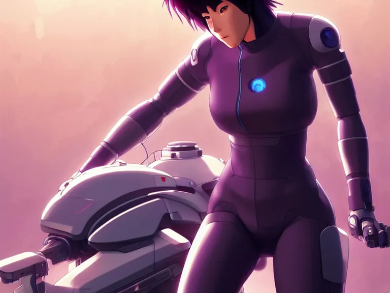 Image similar to a fullbody portrait of motoko kusanagi riding on top of a tachikoma : : stand alone complex, ghost in the shell, netflix : : by ilya kuvshinov, rossdraws, artgerm, sola digital arts, anti aliasing, raytracing : :