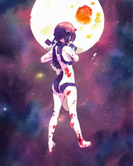 Image similar to oriental water color of a cute thicc damaged zombie astronaut woman, floating through space, backlit, by makoto shinkai and krenz cushart