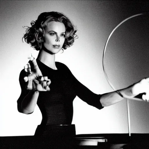 Prompt: charlize theron waving her arms over a theremin. behind her is a jacob's ladder spark generator with big electric arcs. german expressionism, dramatic and moody