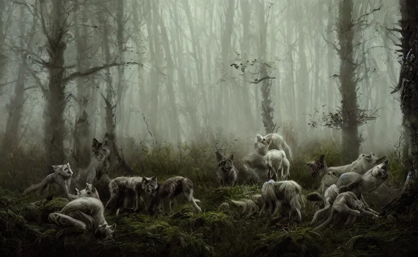 Image similar to spectral figures coming out of the fog with their pack of wolves, leaves and feathers twisted in their hair, moss growing on their clothes, destructive magic pulsing at their fingertips, wolves, glowing fingertips, a spectacular intricate moody biedermeier painting, cgsociety art