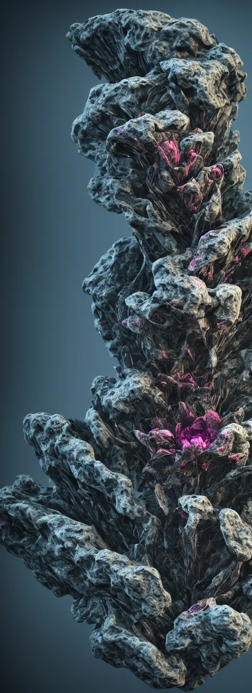 Prompt: visceral exoskeletal formations surrounding an alien flower, mythical mountains, dark contrast lighting, surreal, hyper detailed, cycles 3 d render, 8 k