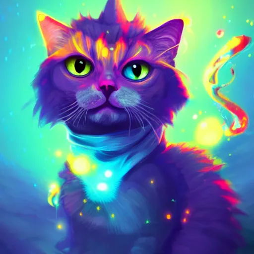 Prompt: Alchemist cat, colorful sparkling chemicals, illustration, trending on artstation, dramatic lighting, concept art, high quality, detailed,