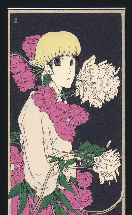 Prompt: by akio watanabe, manga art, portrait of a butterlfy, blossoming peony flower, trading card front