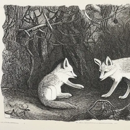 Image similar to candid portrait of clever fox in the forest, night sky, highly detailed, side view, illustrated by peggy fortnum and beatrix potter and sir john tenniel