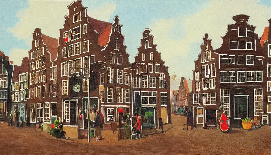 Image similar to dutch townscape scene, isometric view, painting