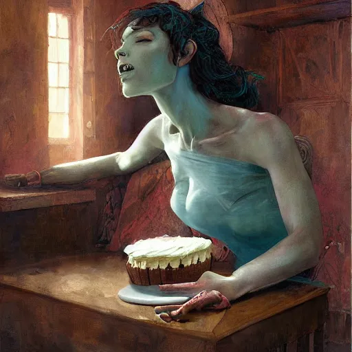 Prompt: Dragon with a body made of cake, sleeping on the kitchen counter of a magical bakery, oil painting, by Fernanda Suarez and and Edgar Maxence and greg rutkowski
