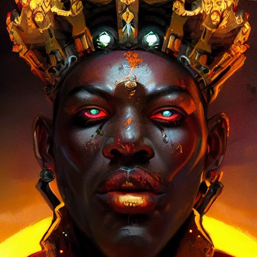 Prompt: a dark and ominous african moor with glowing eyes and a golden crown with a ruby, Apex Legends character digital illustration portrait design, by android jones and greg rutkowski in a cyberpunk voodoo style, detailed, cinematic lighting, wide angle action dynamic portrait