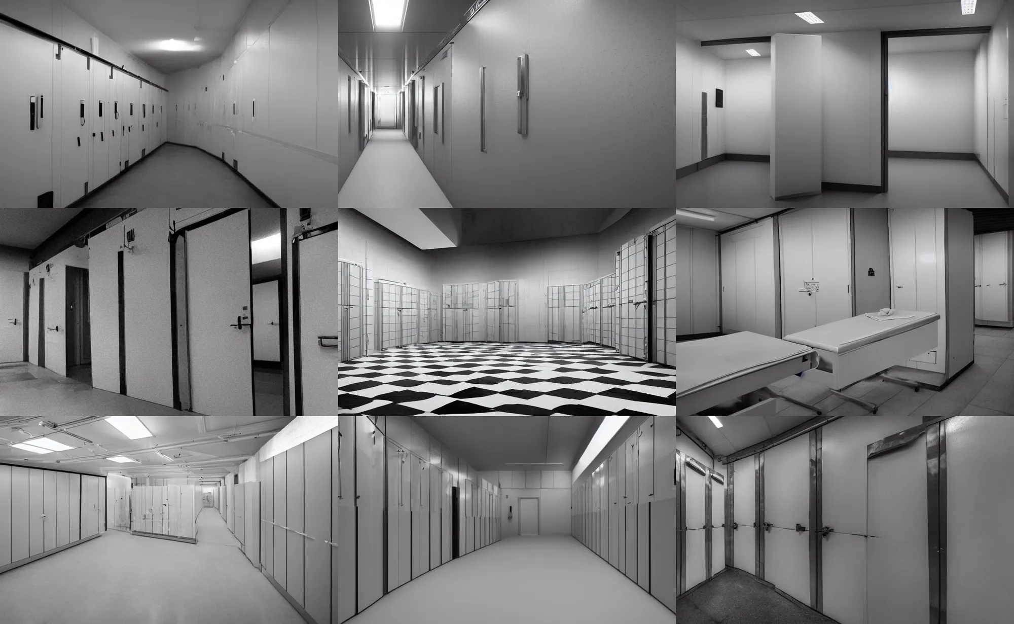 Prompt: well-detailed Liminal Space interior of a morgue, monochromatism hyper-realistic