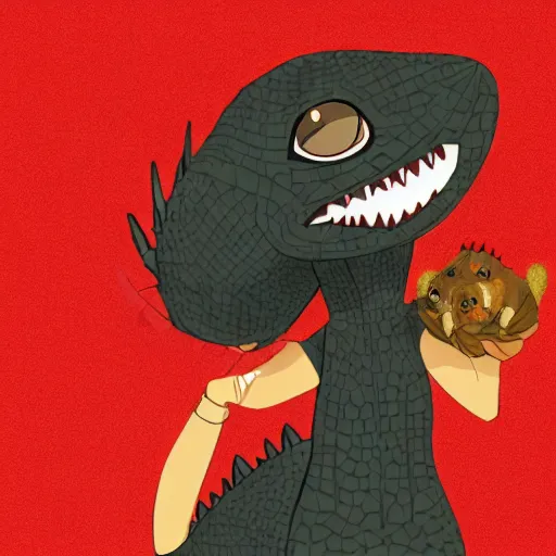 Image similar to Dark skinned woman holding pet chibi Godzilla, portrait, Highly Detailed