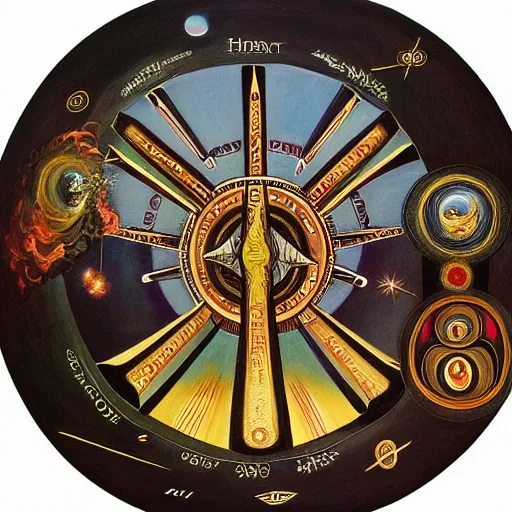 Prompt: night of the ophanim is a painting featuring the angel's heavenly interlocking gemma's astronomical equinoctal sundial rings concentric wheels engraved with eyes