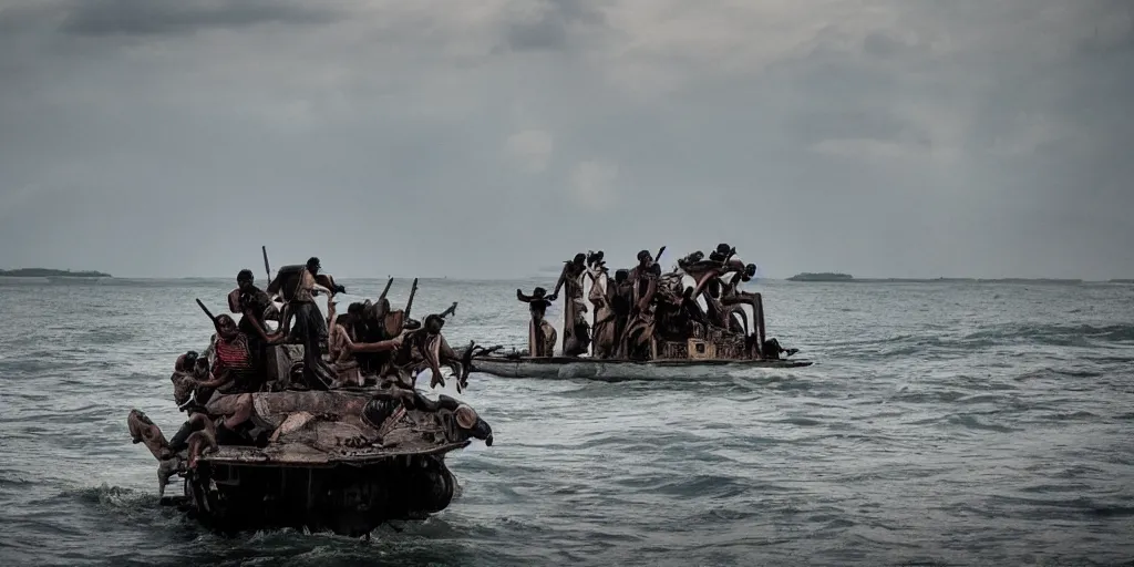 Image similar to sri lankan mad max style on boats, ocean, film still, epic shot cinematography, rule of thirds