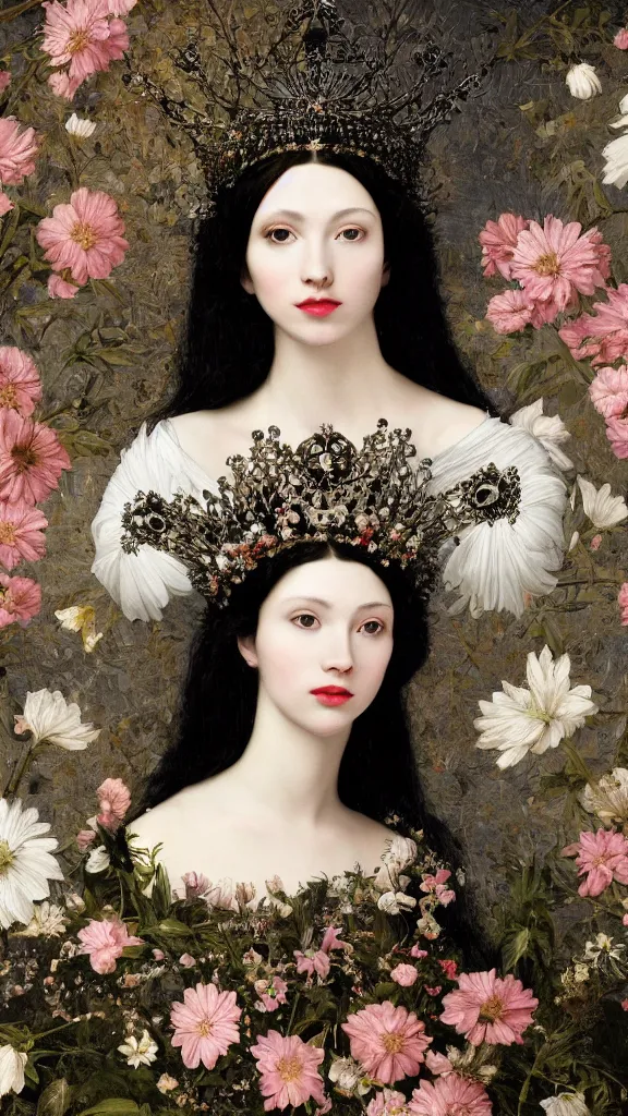 Image similar to a closeup portrait of a beautiful black haired woman with pale skin and a crown on her head sitted on an intricate metal throne, in an infinite landscape of flowers, photograph by caravaggio, canon eos c 3 0 0, ƒ 1. 8, 3 5 mm, 8 k, medium - format print