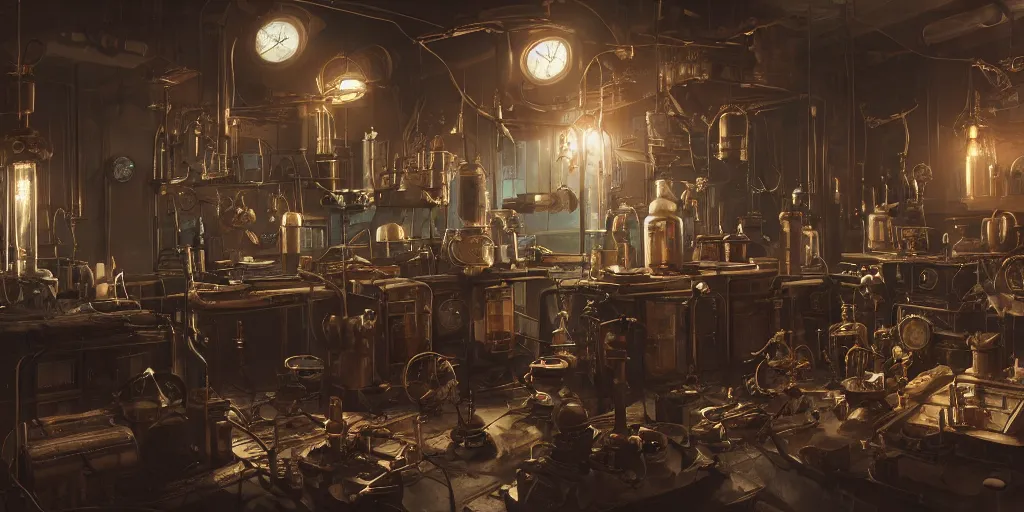 Image similar to kitbash of steampunk laboratory by Max Bedulenko, trending on Artstation, 8k, photorealistic, hyper detailed, unreal engine 5, cinematic color grade, epic lighting