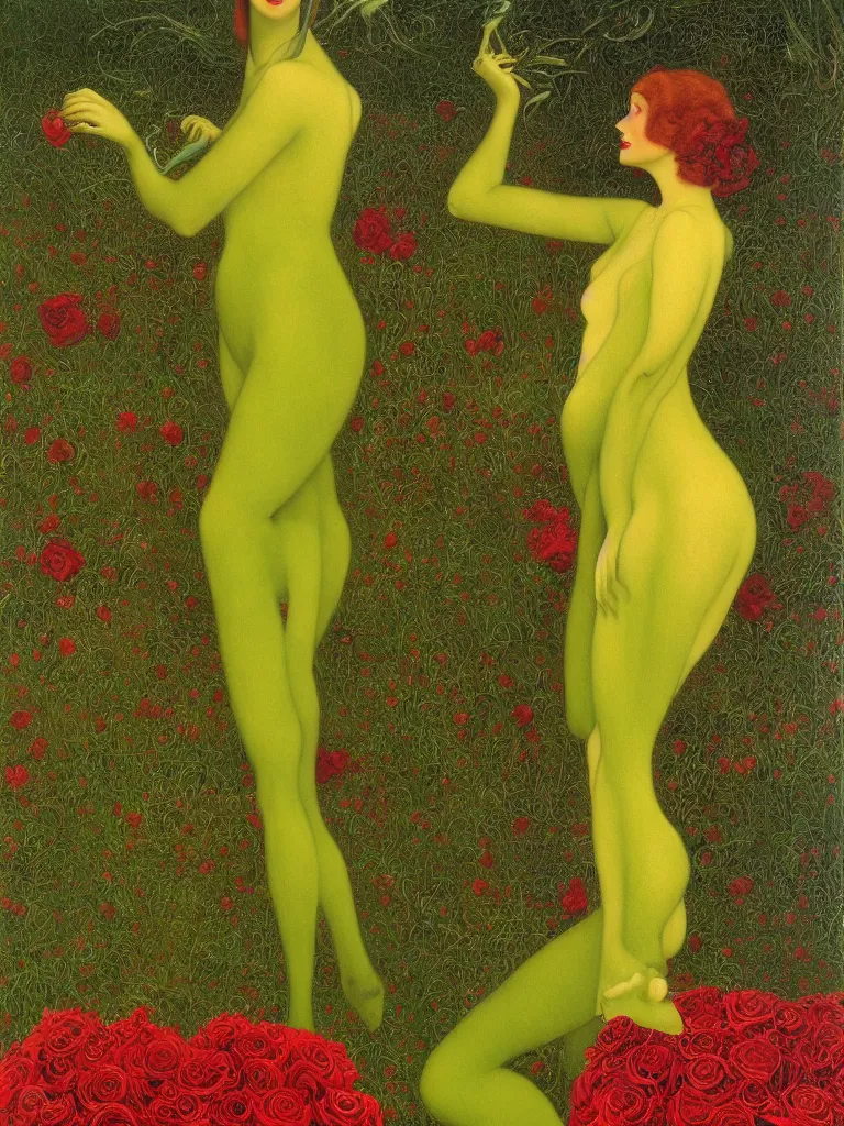 Image similar to !!!dream brunette woman standing in green dress on gold background, with black roses and red lips Anton Pic, Jean Delville, Amano, Yves Tanguy, Ernst Heckel, Edward Robert Hughes, Stanislaw Szukalski and Roger Dean photorealism