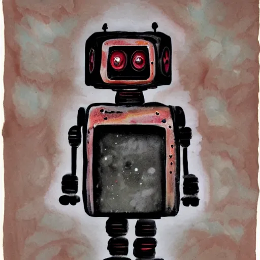 Prompt: a detailed painting of a cute robot made of alcohol ink on parchment, retro, muted colors