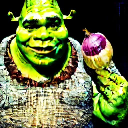 Prompt: a stock photo of shrek eating an onion, 8 k, ultra - realistic, white background, face cluse - up, studio lighting, low exposure