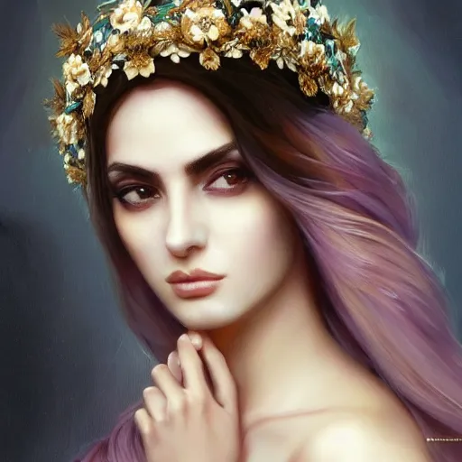 Image similar to Portrait of a Arabic Supermodel wearing a floral crown, porcelain skin, angry look, long dark hair, beautiful bone structure, shiny gold background, intricate, elegant, highly detailed, digital painting, artstation, concept art, smooth, sharp focus, illustration, art by artgerm and greg rutkowski and alphonse mucha