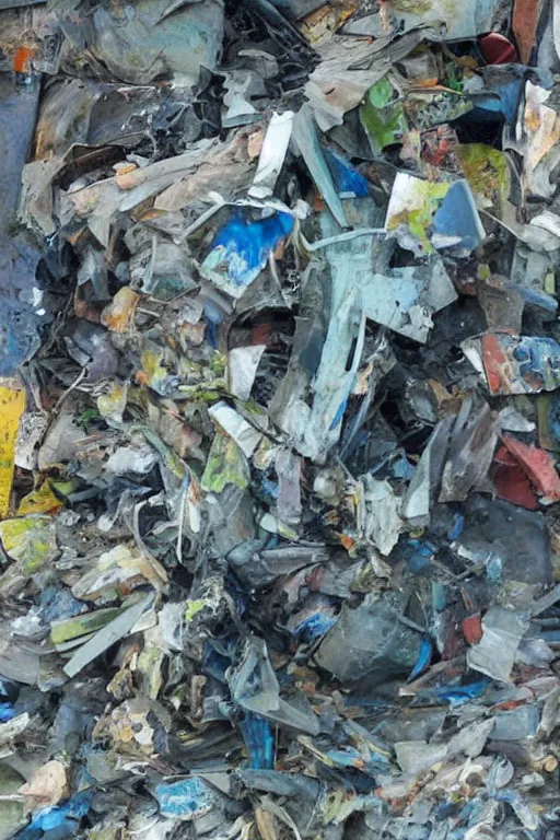 Prompt: painterly warped trash heap, dull grey expressionism