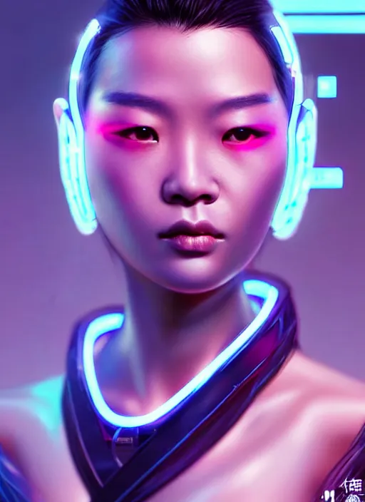 Image similar to photorealistic portrait of female asian humanoid, cyber neon lights, highly detailed, cyberpunk fashion, elegant, crispy quality, trending in artstation, trending in pinterest, glamor pose, no signature, no watermark, cinematic, art by pascal blanche