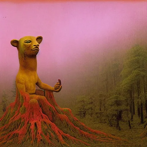 Image similar to giant pink god with a golden animal mask on a forest clearance surrounded by animals by Beksinski