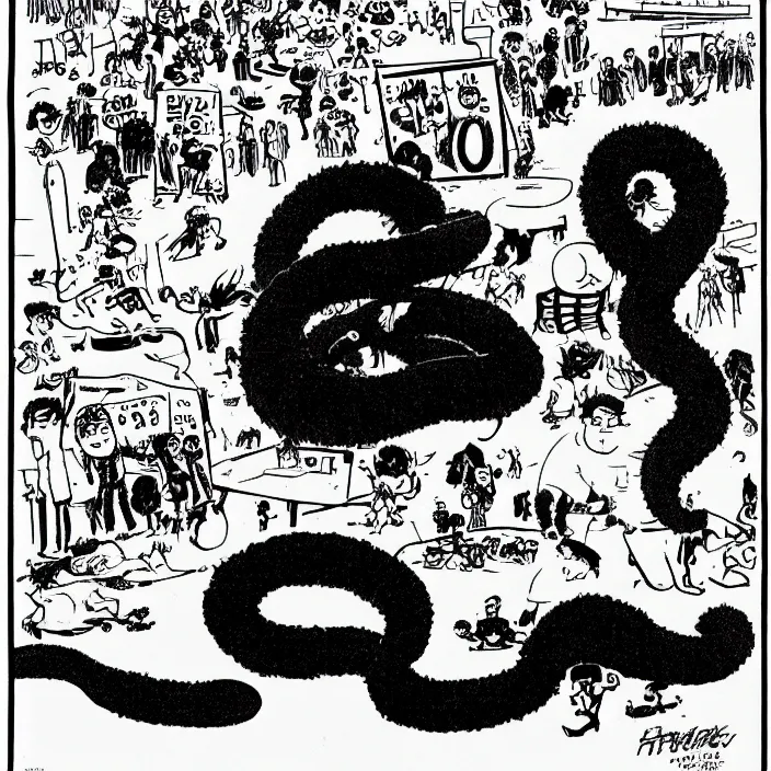 Image similar to a still frame from comic strip, black fluffy hairy snake 1 9 5 0, herluf bidstrup, new yorker illustration, monochrome contrast bw, lineart, manga, tadanori yokoo, simplified,